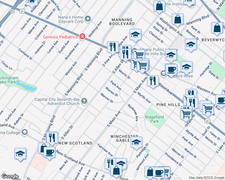 map of restaurants, bars, coffee shops, grocery stores, and more near 881 Warren Street in Albany