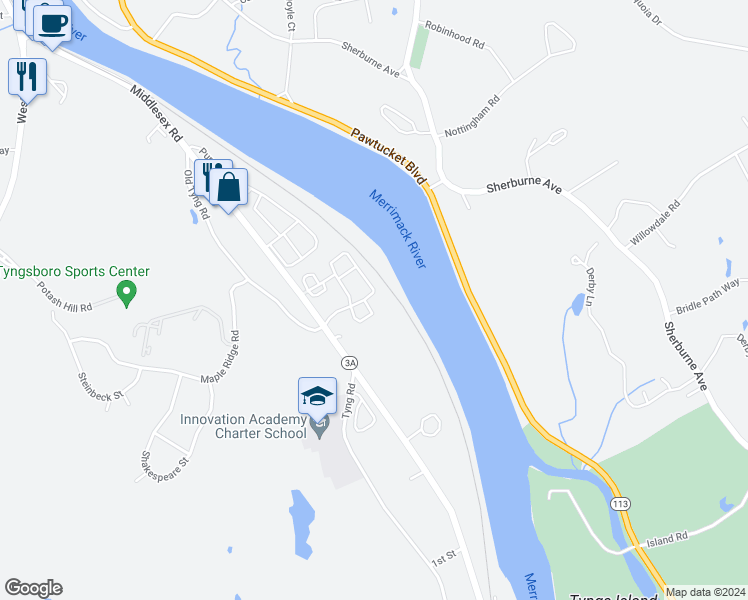 map of restaurants, bars, coffee shops, grocery stores, and more near 11 Merrimac Way in Tyngsborough