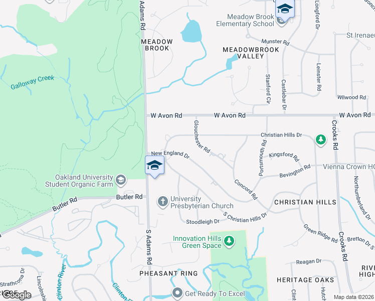 map of restaurants, bars, coffee shops, grocery stores, and more near 2764 New England Drive in Rochester Hills