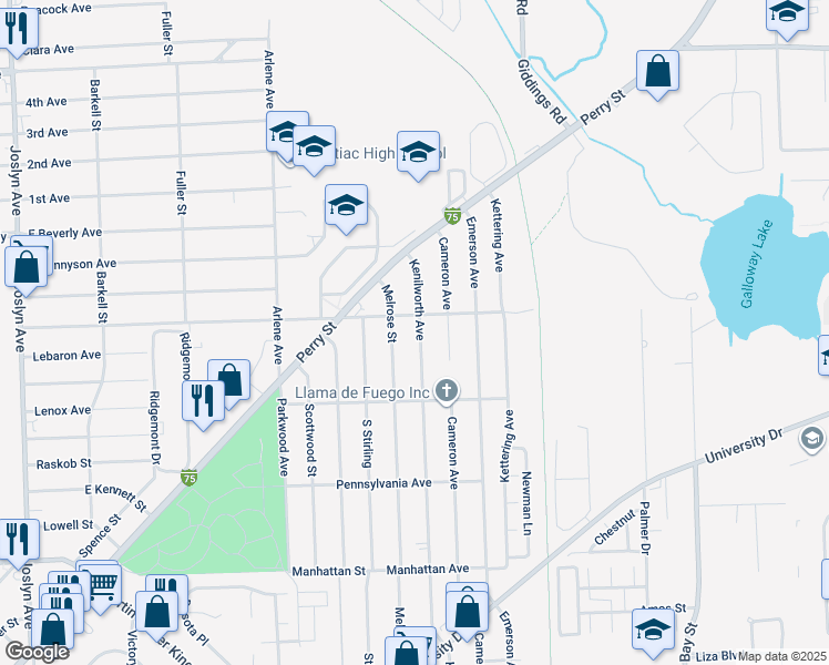 map of restaurants, bars, coffee shops, grocery stores, and more near 903 Kenilworth Avenue in Pontiac