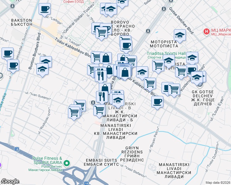 map of restaurants, bars, coffee shops, grocery stores, and more near 73 bulevard "Bulgaria" in Sofia