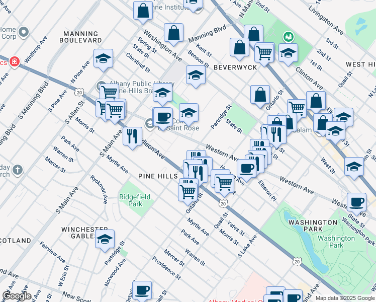 map of restaurants, bars, coffee shops, grocery stores, and more near 196 Partridge St in Albany