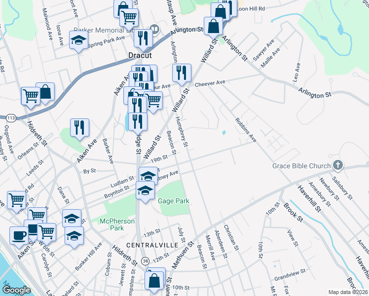 map of restaurants, bars, coffee shops, grocery stores, and more near 192 Humphrey Street in Lowell