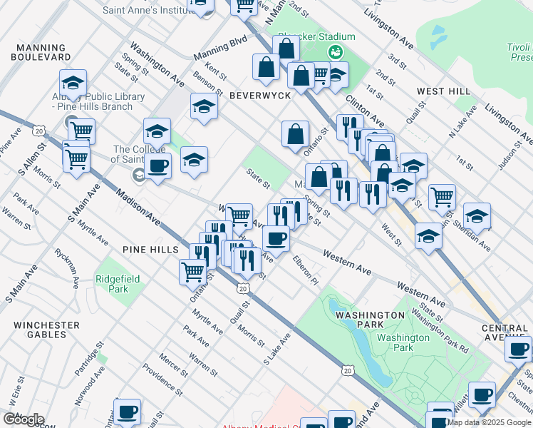 map of restaurants, bars, coffee shops, grocery stores, and more near 222 Ontario Street in Albany