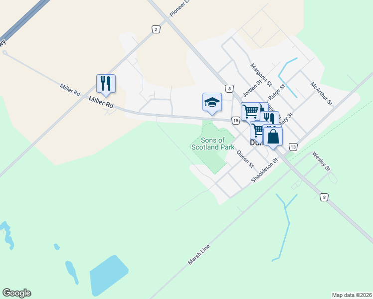 map of restaurants, bars, coffee shops, grocery stores, and more near 270 Miller Road in Elgin County