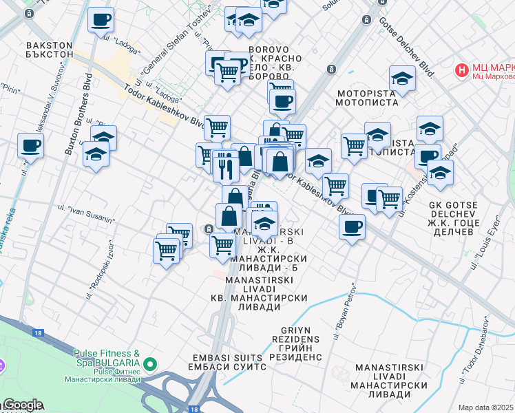 map of restaurants, bars, coffee shops, grocery stores, and more near 73 Bulevard "Bulgaria" in Sofia