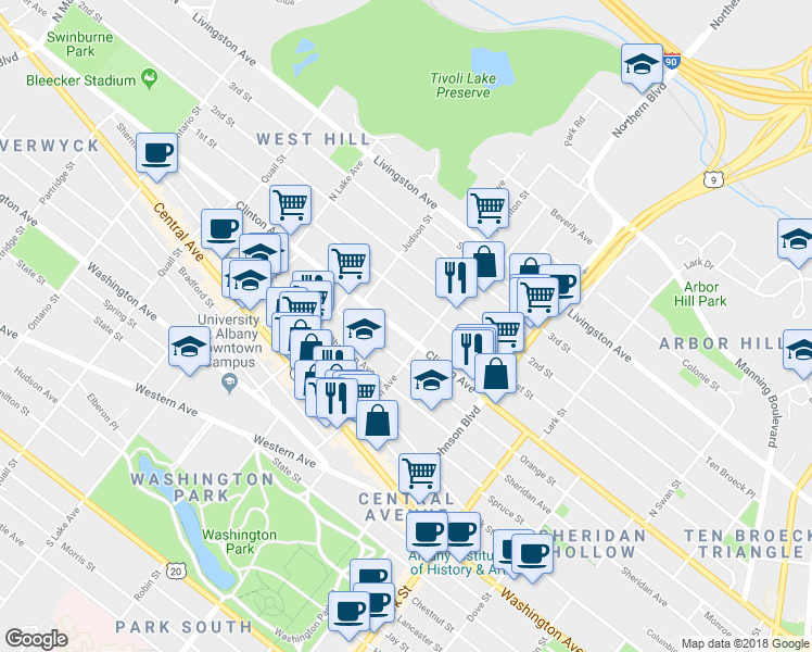 map of restaurants, bars, coffee shops, grocery stores, and more near 431 Clinton Avenue in Albany