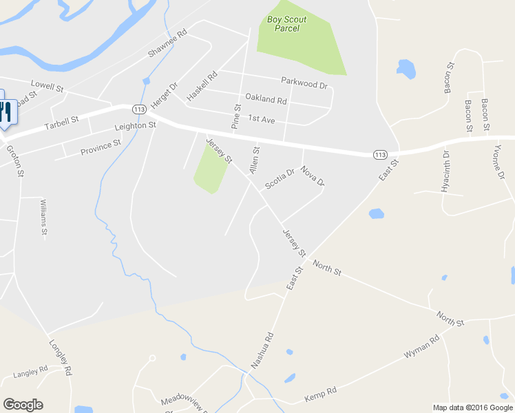 map of restaurants, bars, coffee shops, grocery stores, and more near 19 Jersey Street in Pepperell