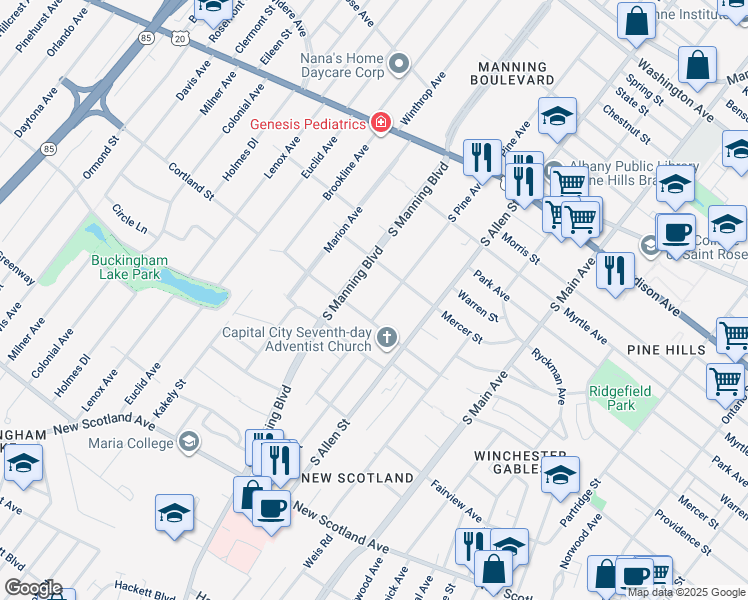 map of restaurants, bars, coffee shops, grocery stores, and more near 132 South Pine Avenue in Albany