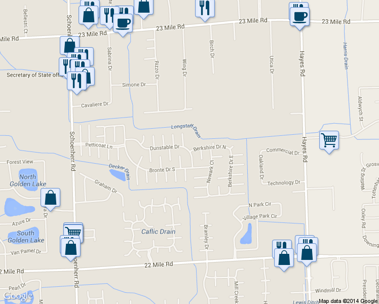 map of restaurants, bars, coffee shops, grocery stores, and more near 14432 Dunstable Drive in Shelby Township