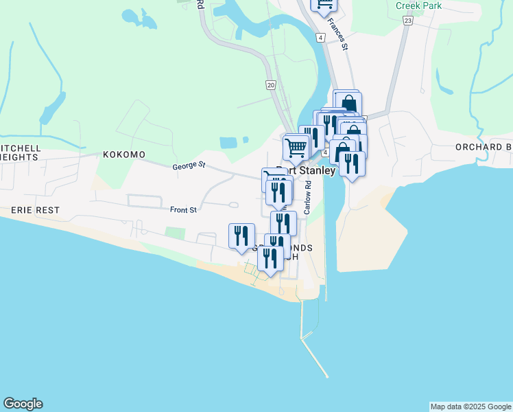 map of restaurants, bars, coffee shops, grocery stores, and more near 170 Sydenham Street in Port Stanley