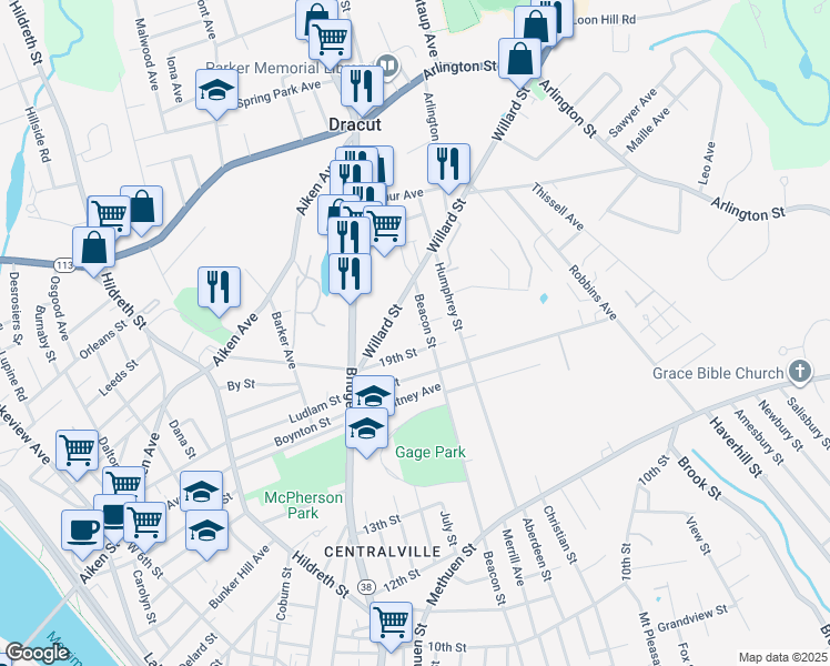 map of restaurants, bars, coffee shops, grocery stores, and more near 29 20th Street in Lowell