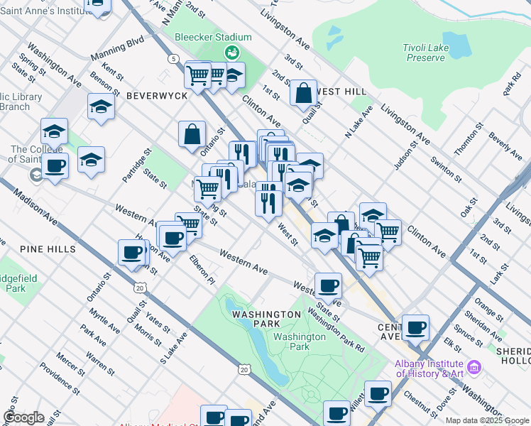 map of restaurants, bars, coffee shops, grocery stores, and more near 50 West Street in Albany