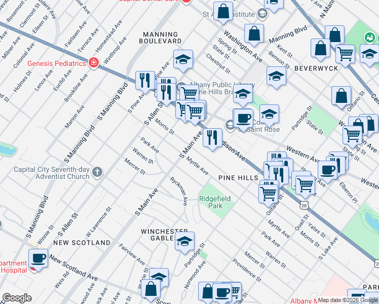 map of restaurants, bars, coffee shops, grocery stores, and more near 656 Morris Street in Albany