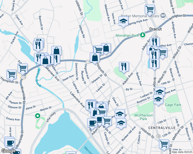 map of restaurants, bars, coffee shops, grocery stores, and more near 124 Orleans Street in Lowell