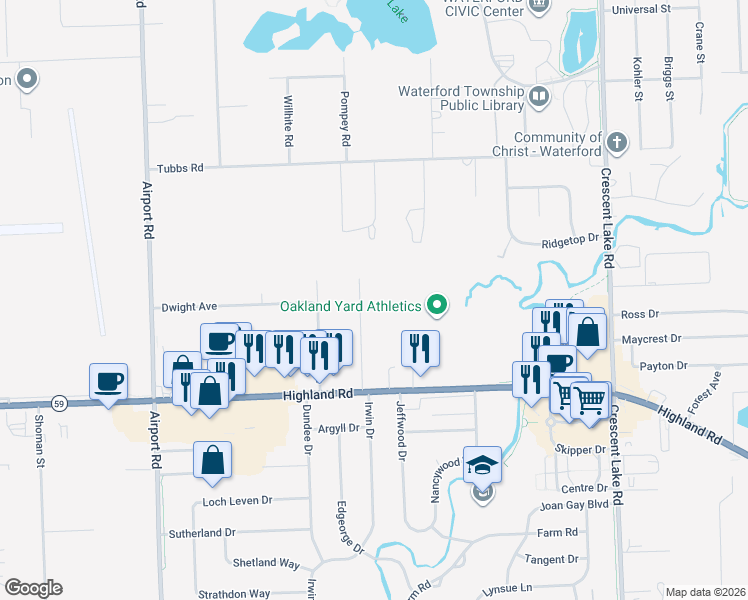 map of restaurants, bars, coffee shops, grocery stores, and more near 1704 Irwin Drive in Waterford Township
