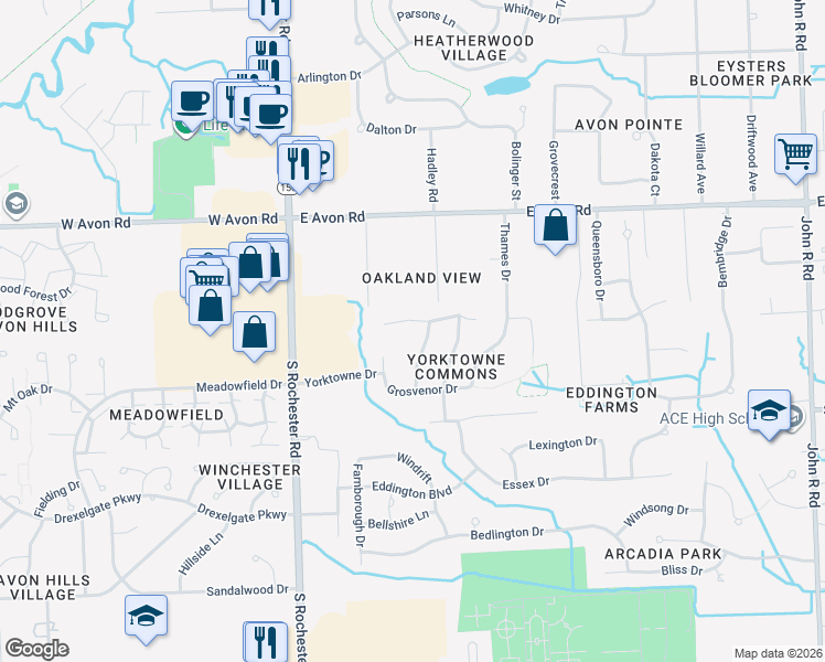 map of restaurants, bars, coffee shops, grocery stores, and more near 162 Saxon Court in Rochester Hills
