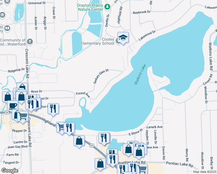 map of restaurants, bars, coffee shops, grocery stores, and more near 4403 Forest Avenue in Waterford Township