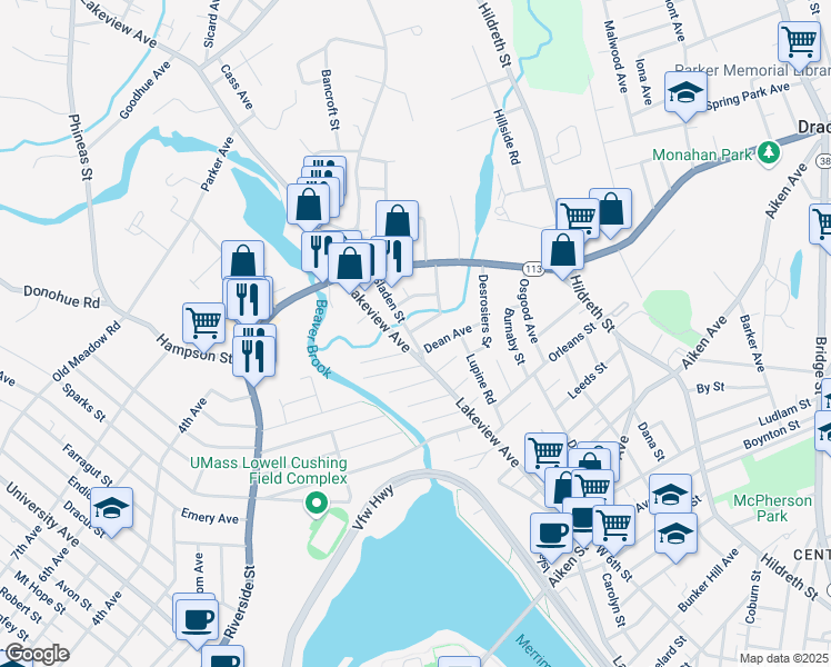 map of restaurants, bars, coffee shops, grocery stores, and more near 23 Sladen Street in Lowell