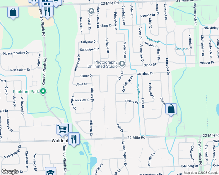 map of restaurants, bars, coffee shops, grocery stores, and more near 49660 Becher Drive East in Macomb