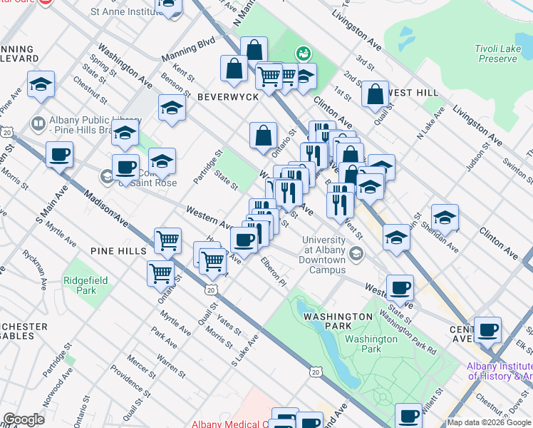 map of restaurants, bars, coffee shops, grocery stores, and more near 690 State Street in Albany