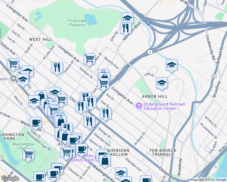 map of restaurants, bars, coffee shops, grocery stores, and more near 278 Livingston Avenue in Albany