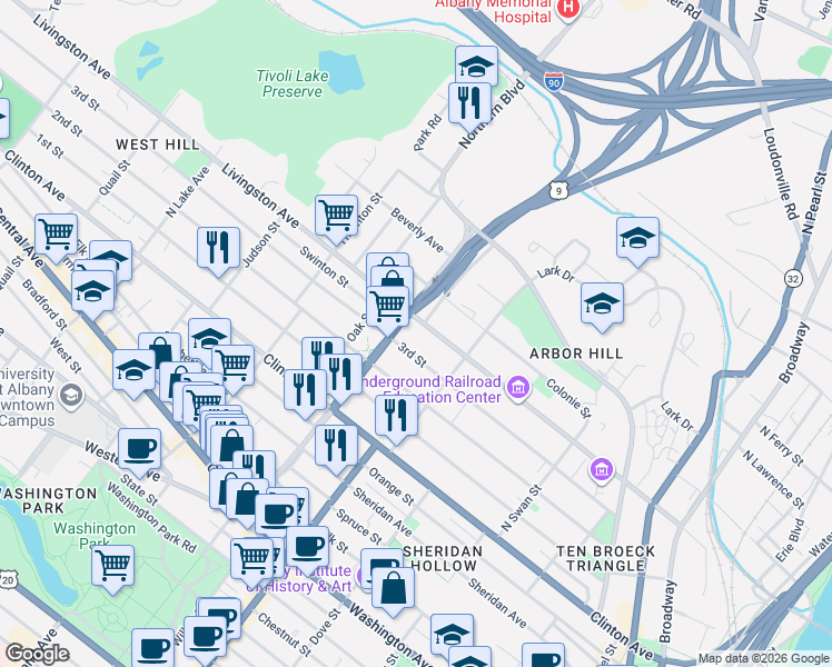 map of restaurants, bars, coffee shops, grocery stores, and more near 278 Livingston Avenue in Albany