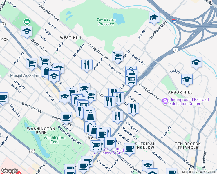 map of restaurants, bars, coffee shops, grocery stores, and more near 287 1st Street in Albany