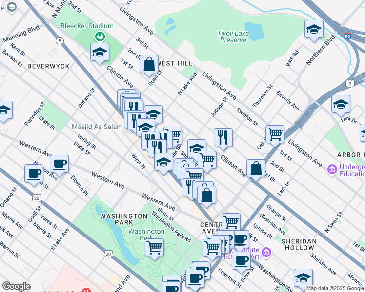 map of restaurants, bars, coffee shops, grocery stores, and more near 462 Orange Street in Albany