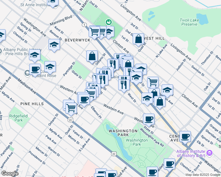 map of restaurants, bars, coffee shops, grocery stores, and more near 496 Washington Avenue in Albany