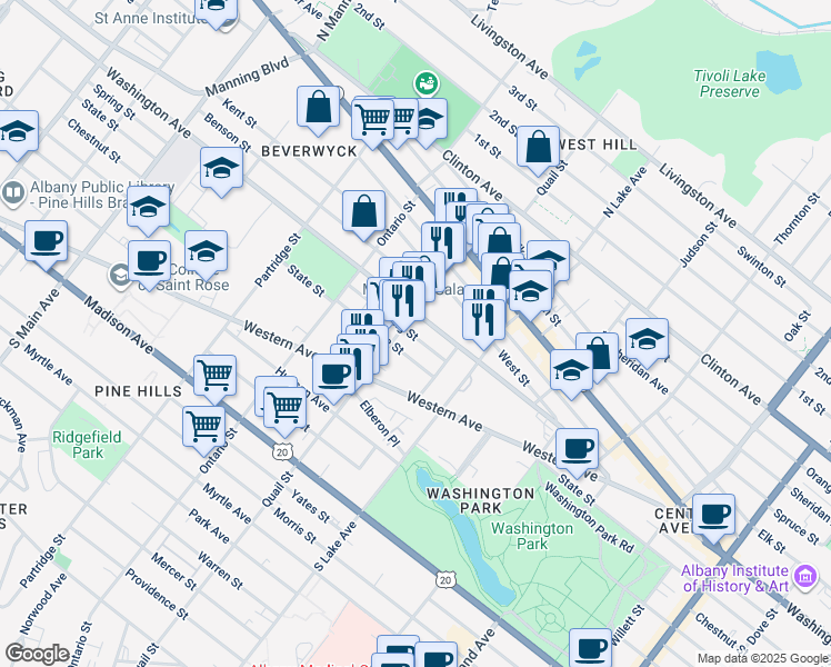 map of restaurants, bars, coffee shops, grocery stores, and more near 162 Quail Street in Albany