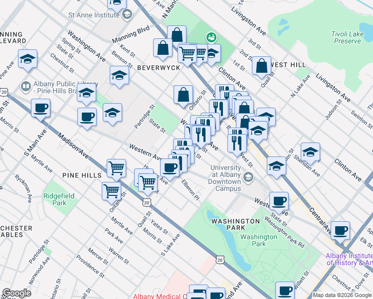 map of restaurants, bars, coffee shops, grocery stores, and more near 692 State Street in Albany