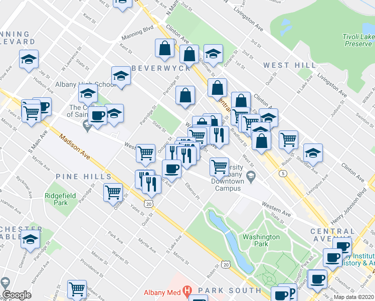 map of restaurants, bars, coffee shops, grocery stores, and more near 690 State Street in Albany