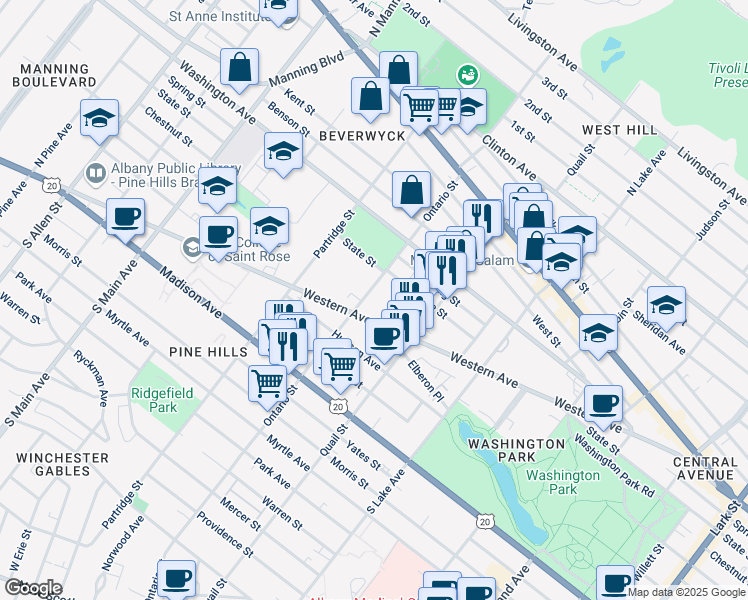 map of restaurants, bars, coffee shops, grocery stores, and more near 222 Ontario Street in Albany
