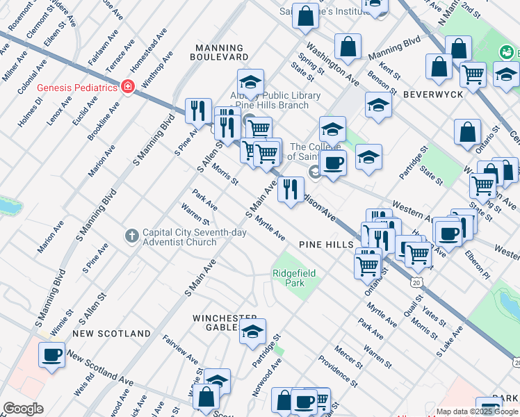 map of restaurants, bars, coffee shops, grocery stores, and more near 656 Morris Street in Albany