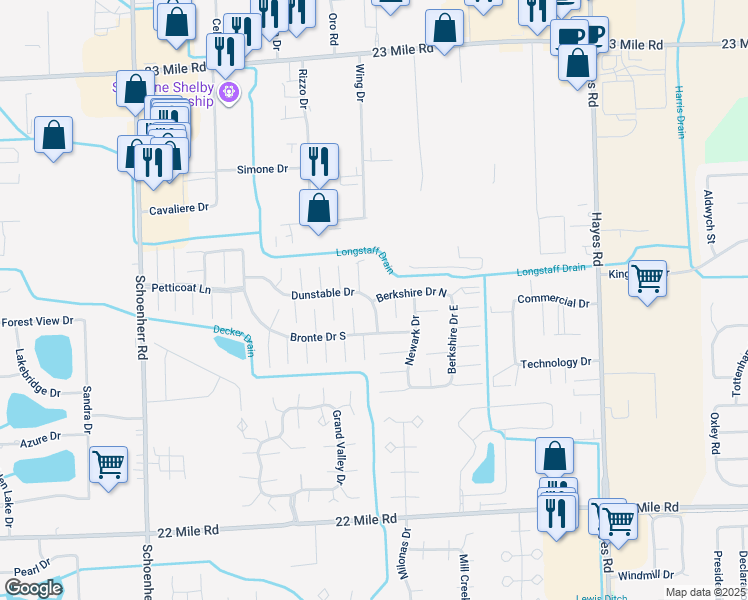 map of restaurants, bars, coffee shops, grocery stores, and more near 14432 Dunstable Drive in Shelby Township