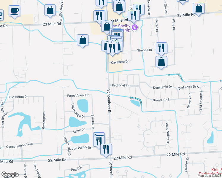 map of restaurants, bars, coffee shops, grocery stores, and more near 49968 Wedgewood Court North in Macomb County