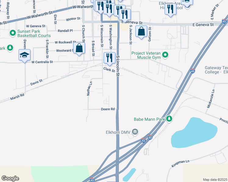 map of restaurants, bars, coffee shops, grocery stores, and more near 536 South Lincoln Street in Elkhorn