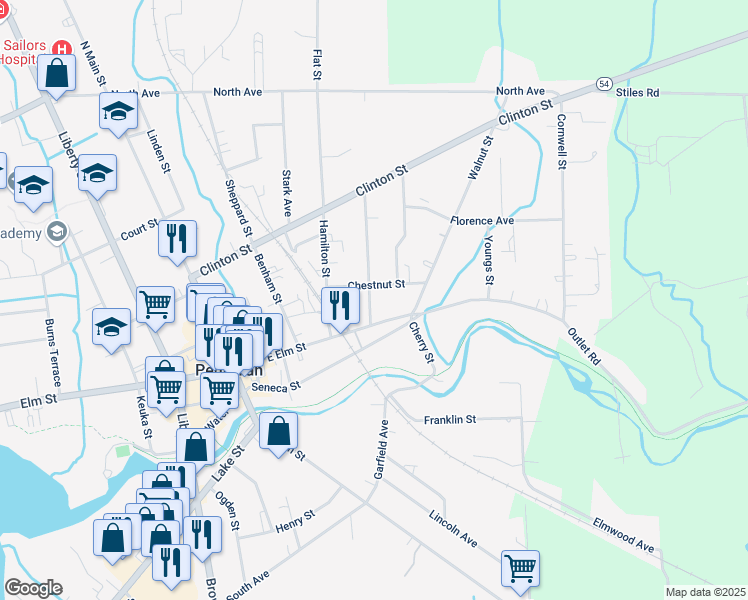 map of restaurants, bars, coffee shops, grocery stores, and more near 109 Lawrence Street in Penn Yan