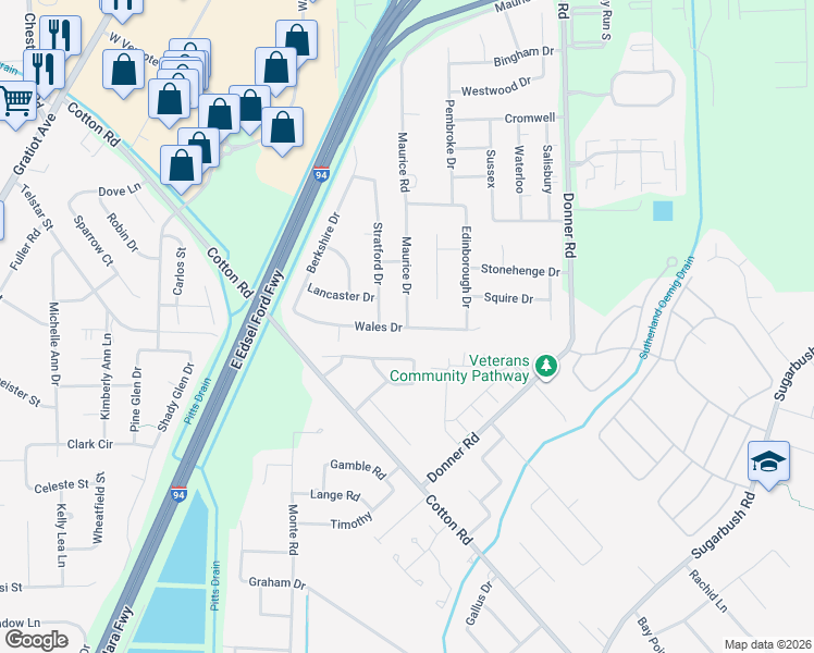 map of restaurants, bars, coffee shops, grocery stores, and more near 28652 Wales Drive in New Baltimore