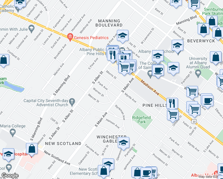 map of restaurants, bars, coffee shops, grocery stores, and more near 859 Park Avenue in Albany
