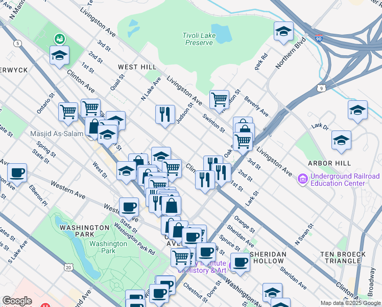 map of restaurants, bars, coffee shops, grocery stores, and more near 27 Lexington Avenue in Albany