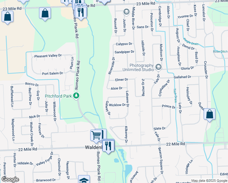 map of restaurants, bars, coffee shops, grocery stores, and more near 18916 Alsie Dr in Macomb