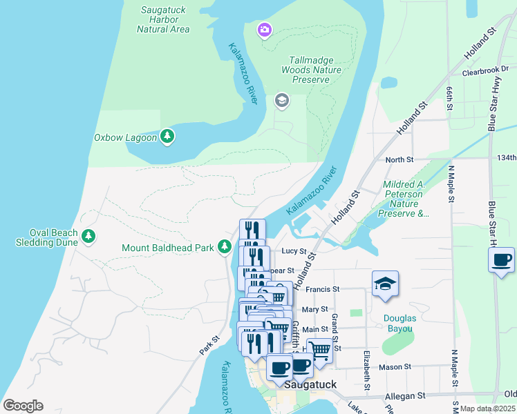 map of restaurants, bars, coffee shops, grocery stores, and more near 879 Park Street in Saugatuck