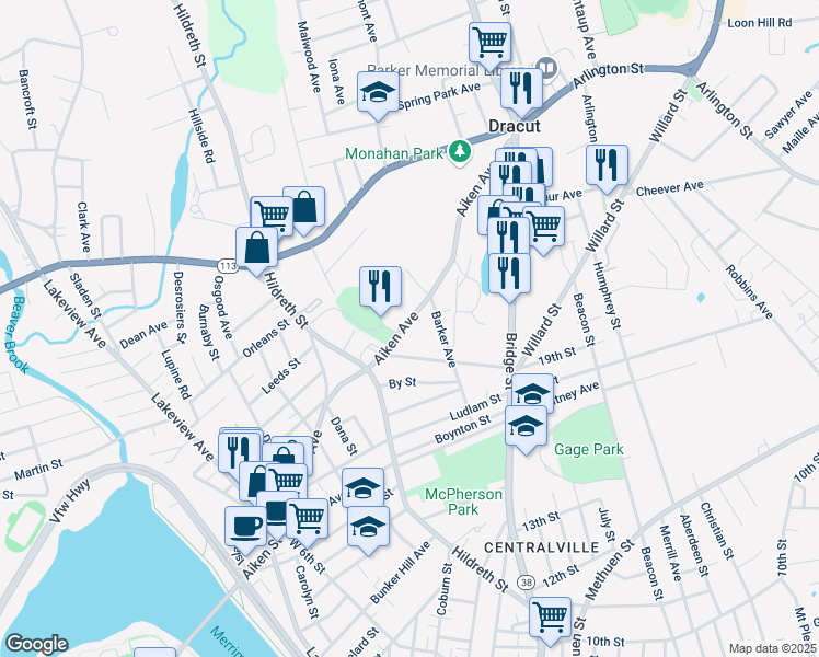 map of restaurants, bars, coffee shops, grocery stores, and more near 271 Aiken Avenue in Lowell