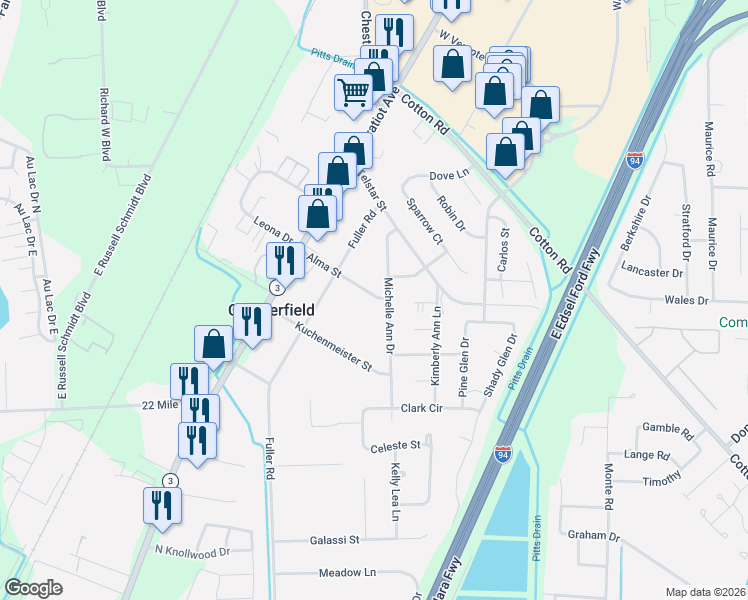 map of restaurants, bars, coffee shops, grocery stores, and more near 49405 Michelle Ann Drive in New Baltimore