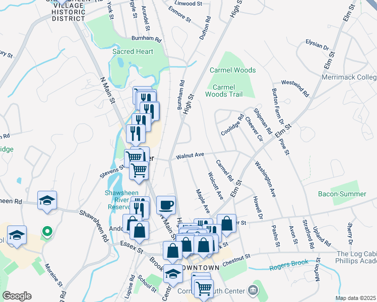 map of restaurants, bars, coffee shops, grocery stores, and more near 18 Walnut Avenue in Andover