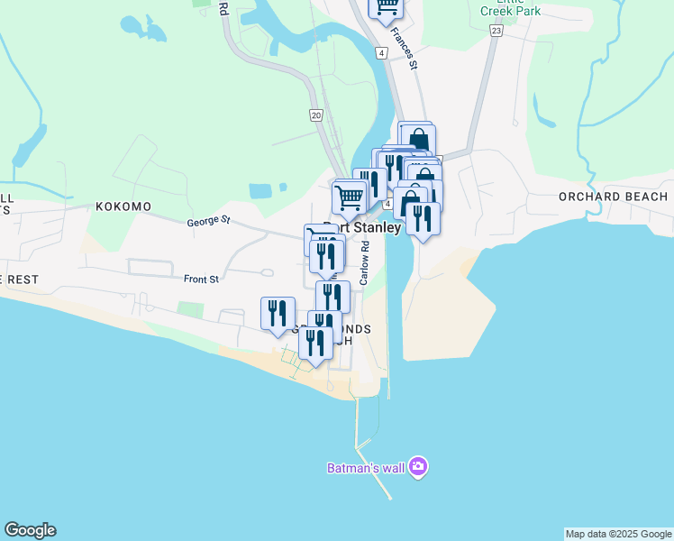 map of restaurants, bars, coffee shops, grocery stores, and more near 320 Smith Street in Port Stanley
