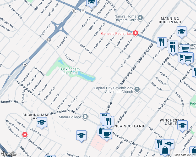 map of restaurants, bars, coffee shops, grocery stores, and more near 74 Kakely Street in Albany