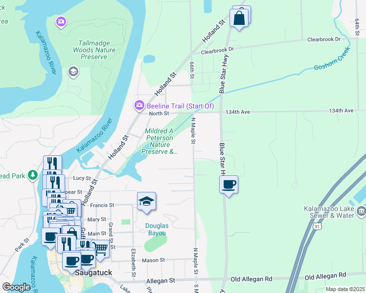 map of restaurants, bars, coffee shops, grocery stores, and more near 730 North Maple Street in Saugatuck